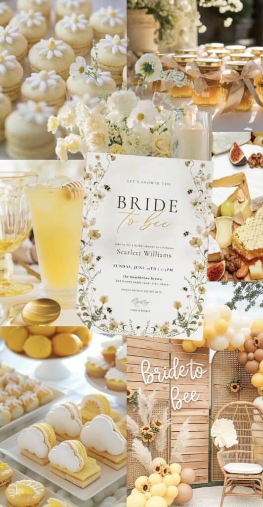 Light yellow and white bridal shower sweets with flowers and elegant decorations.