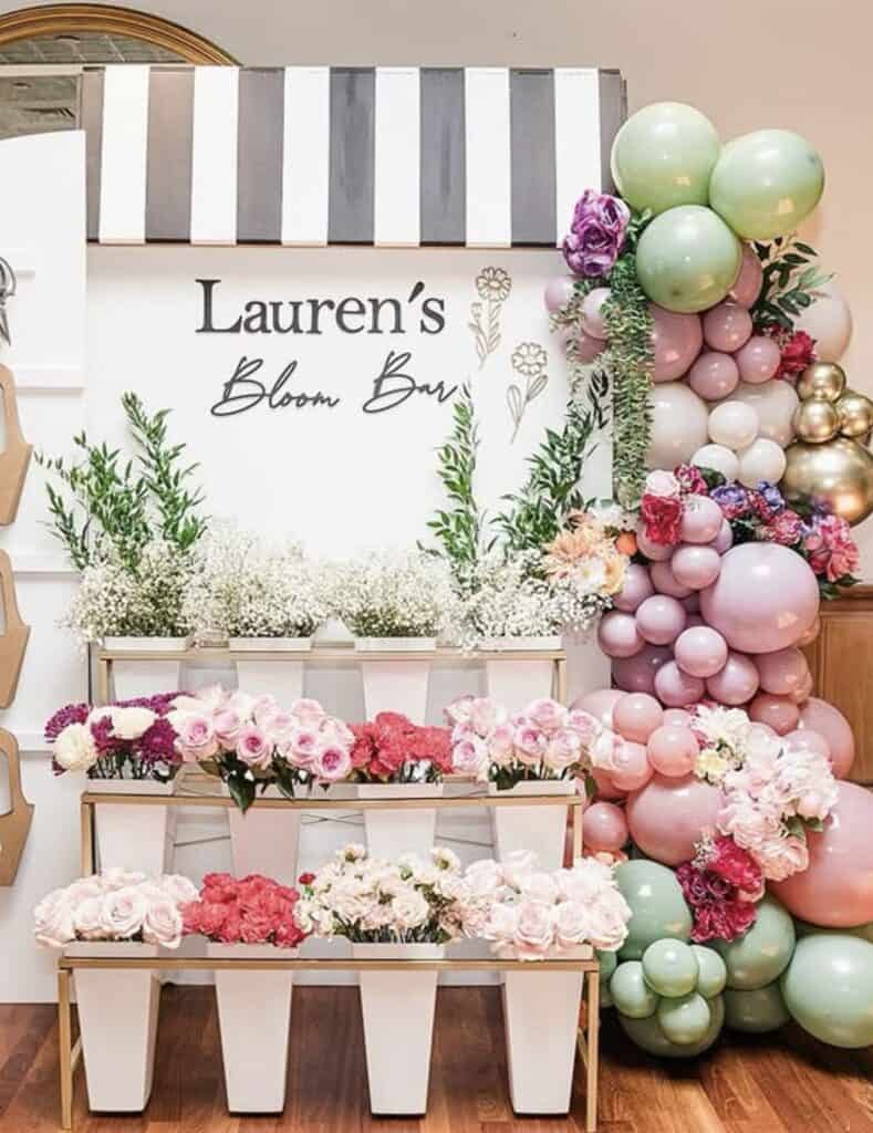 Elegant floral balloon centerpiece for wedding or event decor.