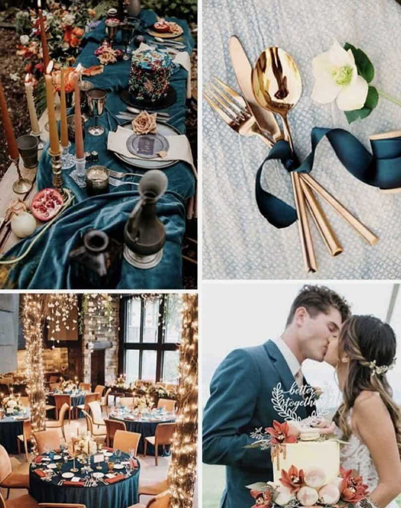 Elegant wedding table setting with candles and floral accents.