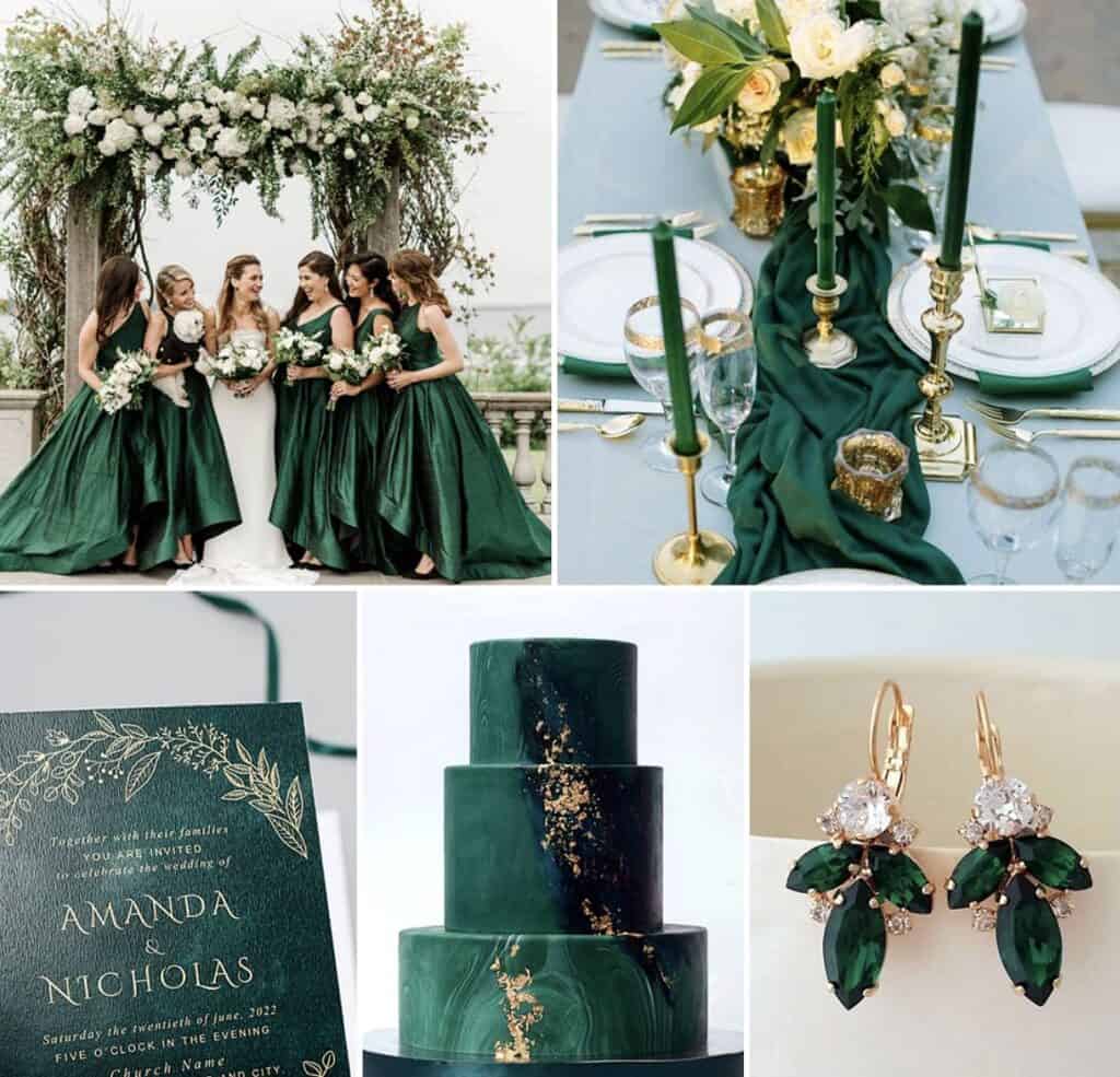 Elegant wedding party with green dresses and floral decor.