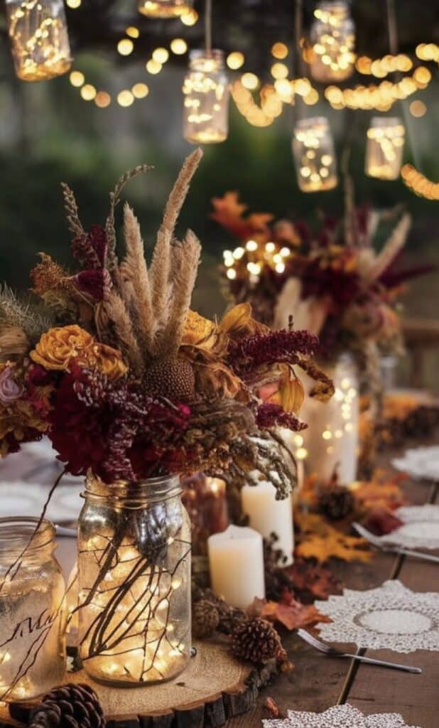 Rustic autumn floral centerpiece with candles and fairy lights for fall wedding or event.
