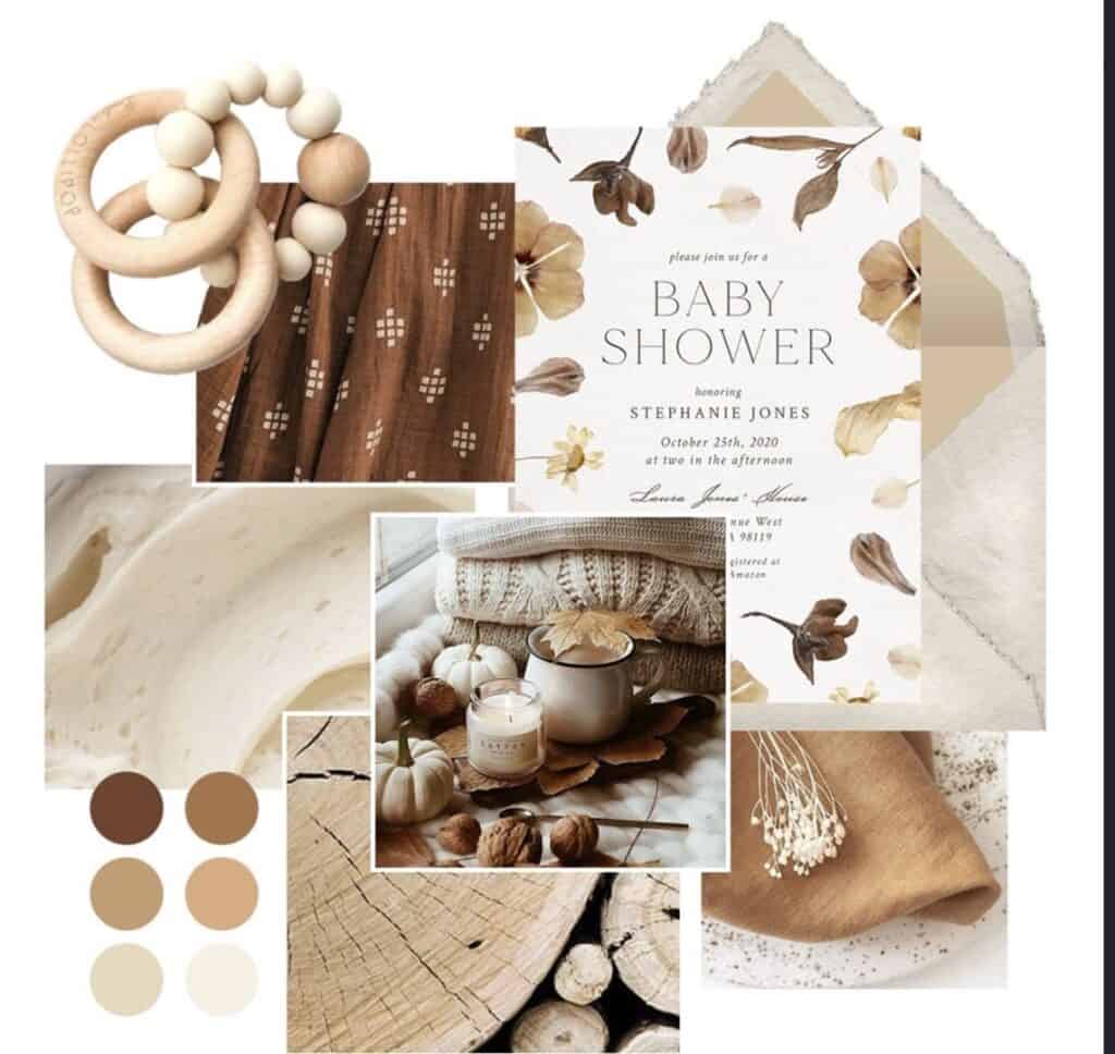 Soft neutral toned fall baby shower invitation with dried flowers and pumpkins.