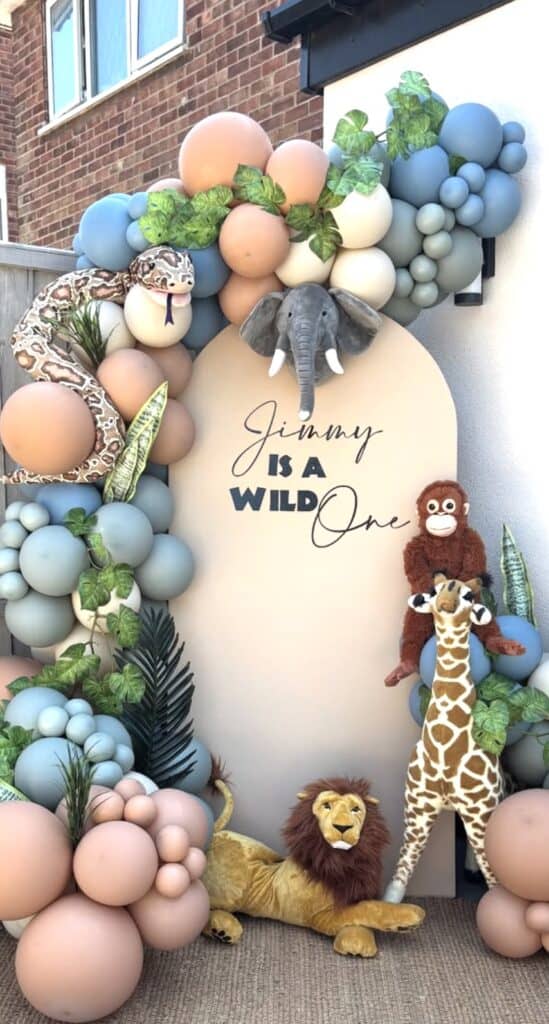 Colorful jungle-themed balloon backdrop with stuffed animals and a "Jimmy is a wild one" sign.