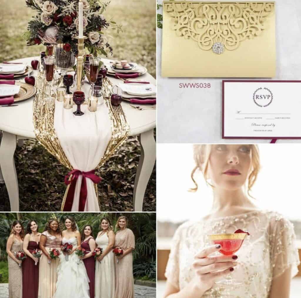 Elegant wedding dinner and floral arrangements with gold accents.