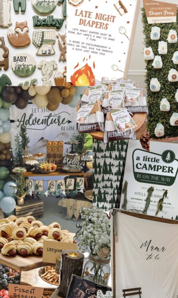 Whimsical baby shower decor with woodland theme, balloons, and children's activities.