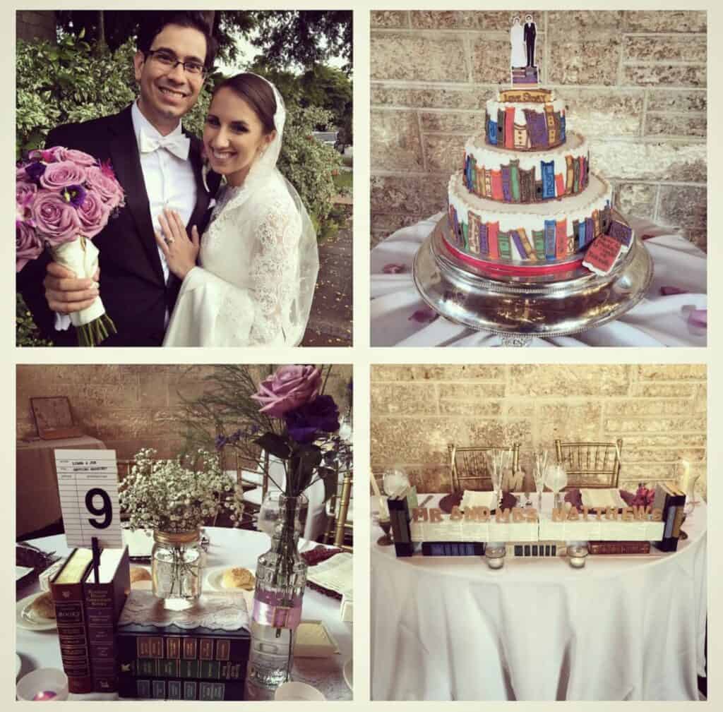 Elegant wedding celebration with bride and groom, wedding cake with book-themed design, decorated table with flowers, and guest seating.