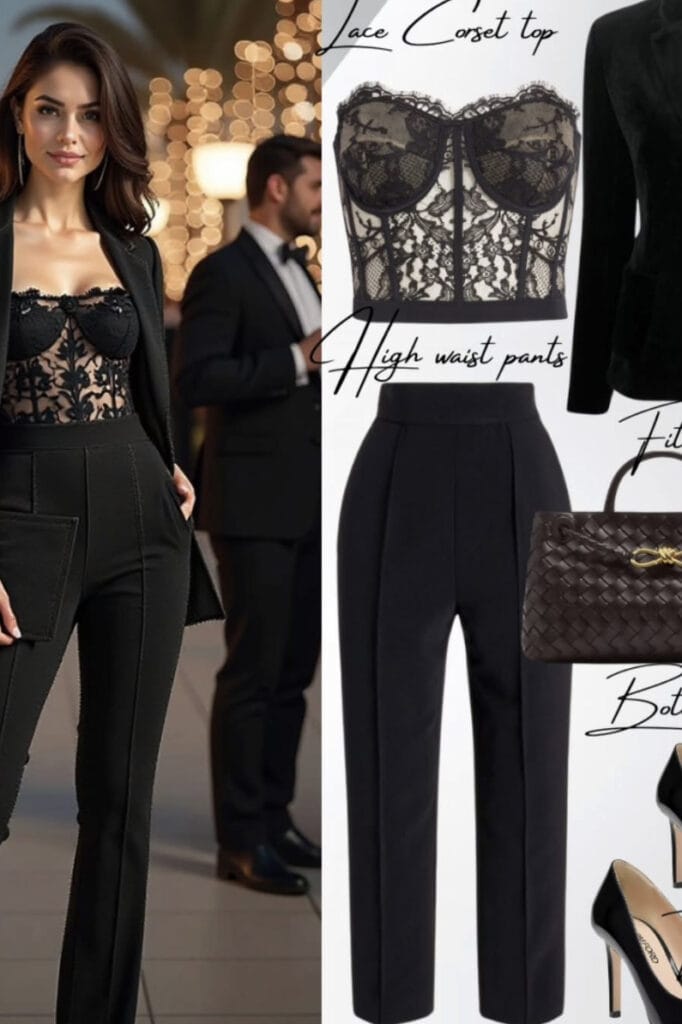 Elegant black lace corset top for sophisticated evening wear.