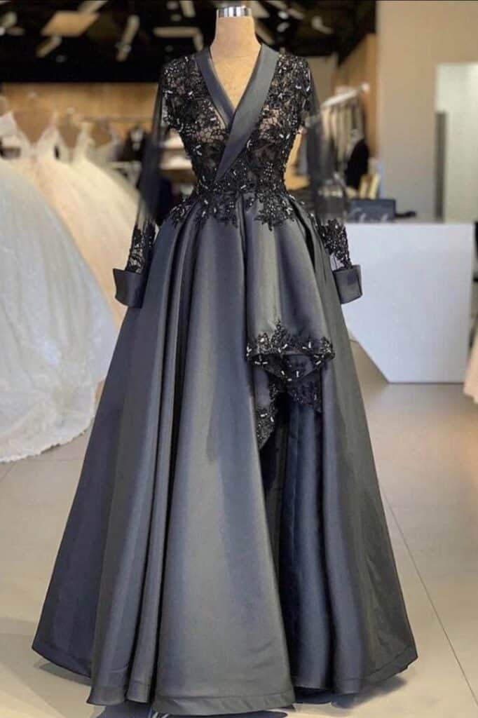 Elegant black lace and satin evening gown with full skirt, formal fashion dress.
