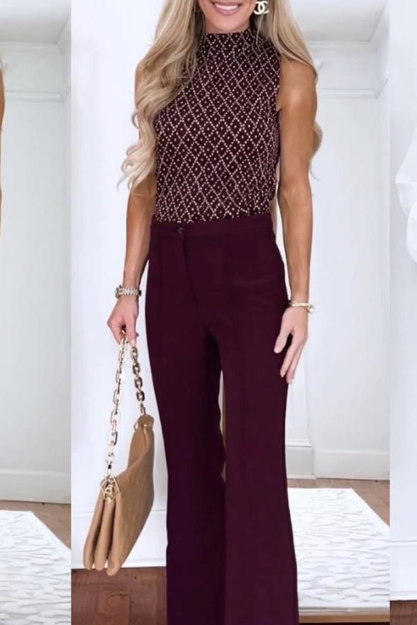 Elegant burgundy sleeveless top with intricate pattern for women.