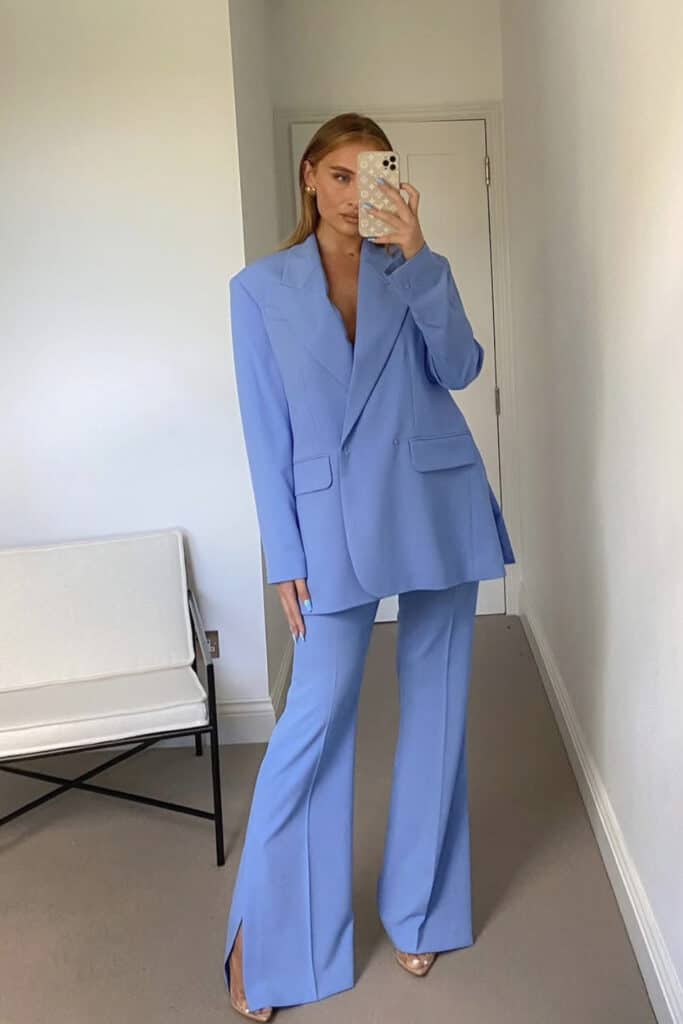 Bold blue women's tailored suit for chic, fashionable look, perfect for special events.