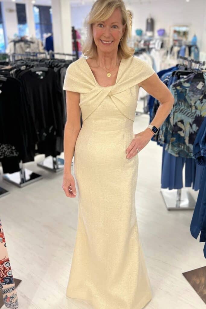 Elegant gold evening gown for special occasions at Confetti & Roses.