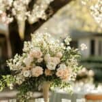 Elegant floral centerpiece with soft pastel roses and greenery for wedding decor.