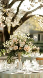 Elegant floral centerpiece with soft pastel roses and greenery for wedding decor.