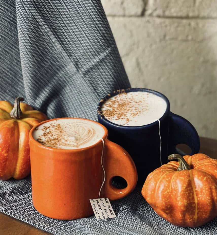 Cozy autumn pumpkin spice lattes in orange and navy mugs with decorative pumpkins on rustic fabric.