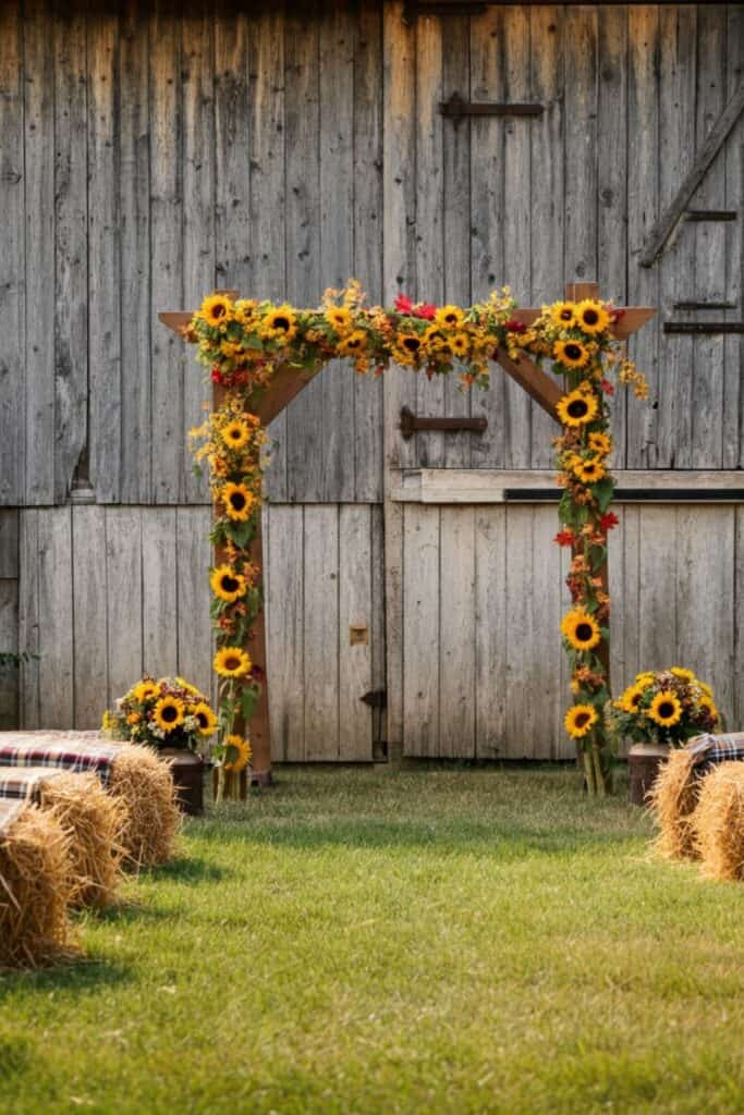 Colorful sunflower wedding arch with rustic barn backdrop.