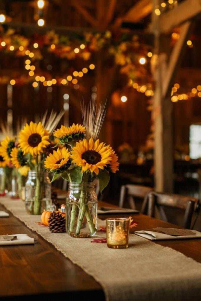 Vase with sunflowers and fall decor on rustic table for wedding reception or event.