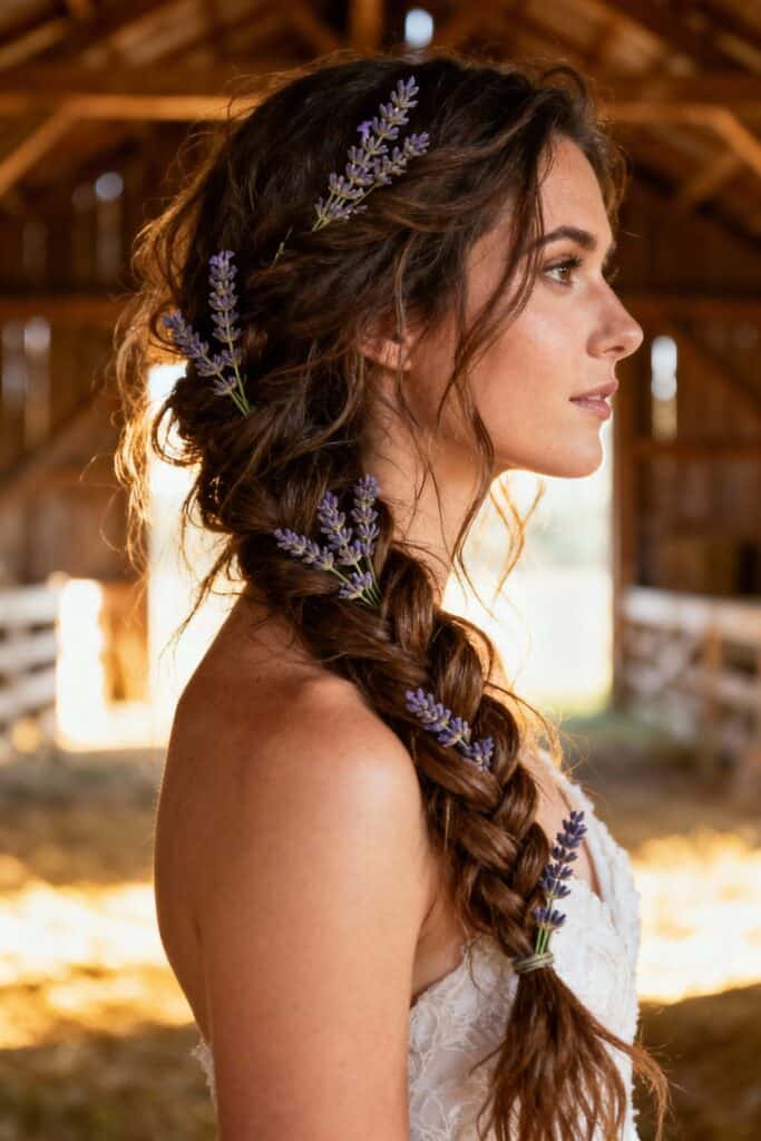 Lavender flower hair accessories for boho bridal hairstyle.