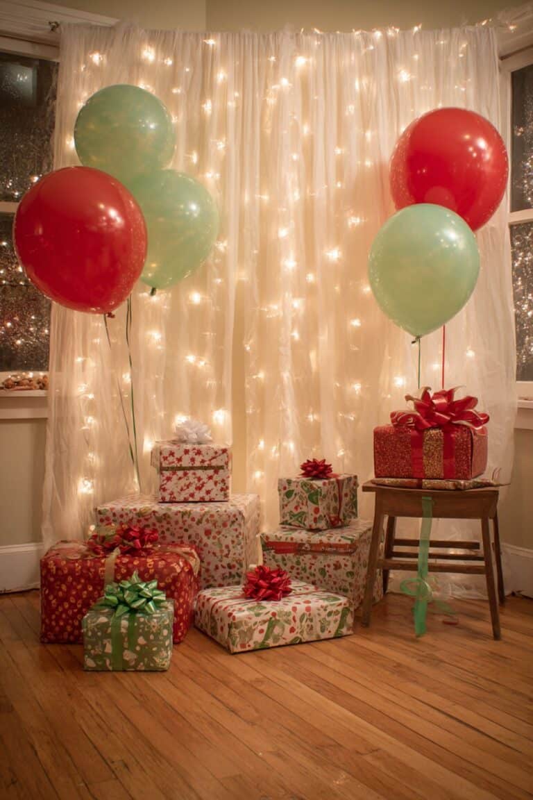 Festive holiday balloons with gift boxes and fairy lights backdrop.