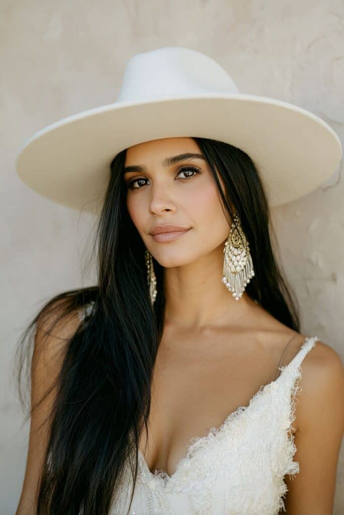 Elegant woman wearing large white hat and lace dress, boho style jewelry, outdoor photography.