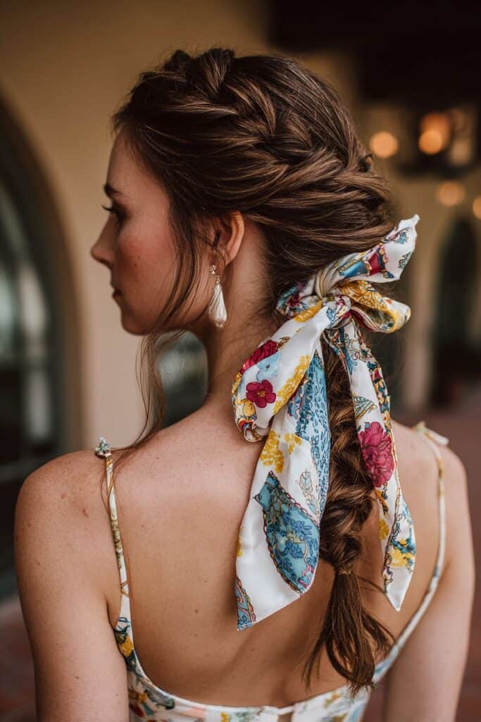 Elegant woman with braided hairstyle and floral silk scarf tied in a bow for summer fashion.