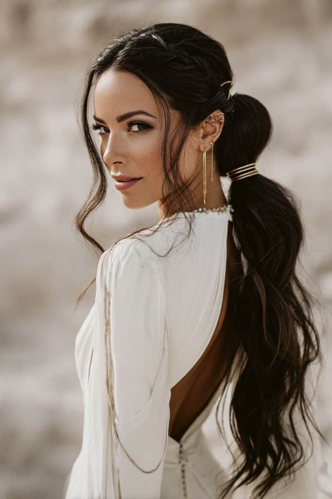 Glamorous woman with long dark hair in elegant white dress, outdoor wedding style photo.