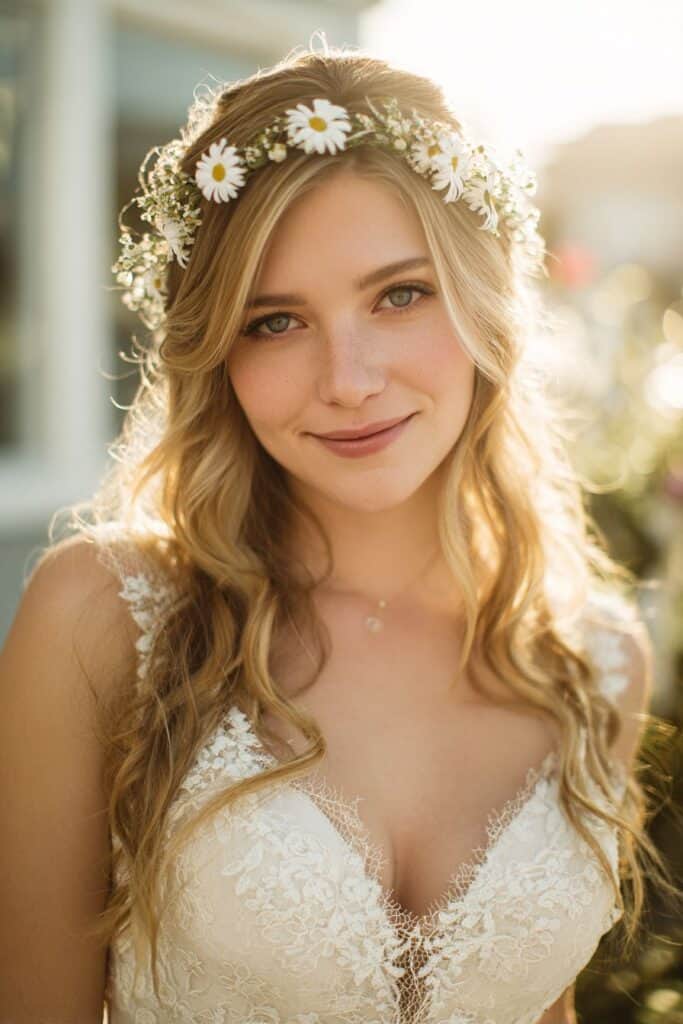 Daisy flower crown bridal portrait outdoor wedding natural light.