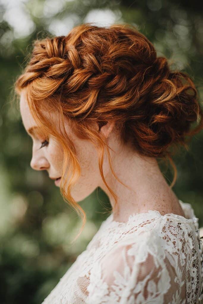 Redhead curly updo hairstyle, elegant vintage lace dress, bridal hair and makeup, natural outdoor wedding, romantic styled hair.