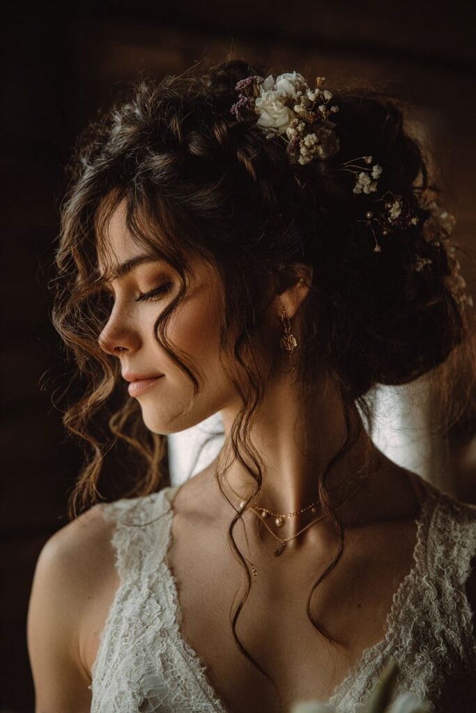 Romantic bride with floral styled hair and lace wedding dress, elegant jewelry, soft lighting, bridal portrait.
