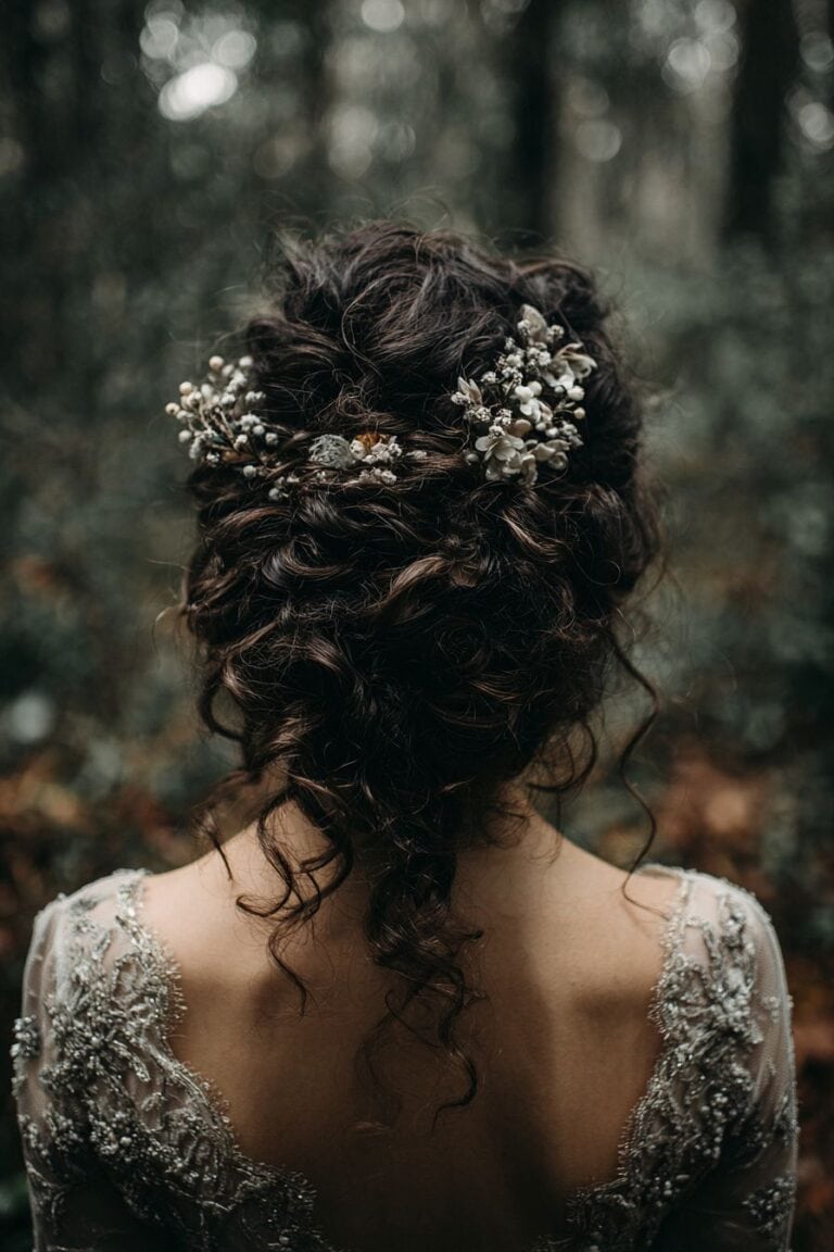 Delicate bridal updo with floral hair accessories in a woodland setting.