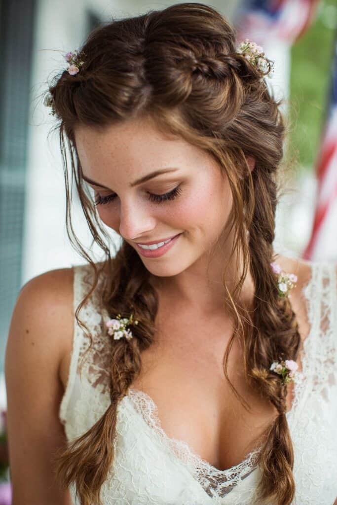 Delicate bride with floral accessories in braided hairstyle, romantic wedding look, Confetti & Roses.