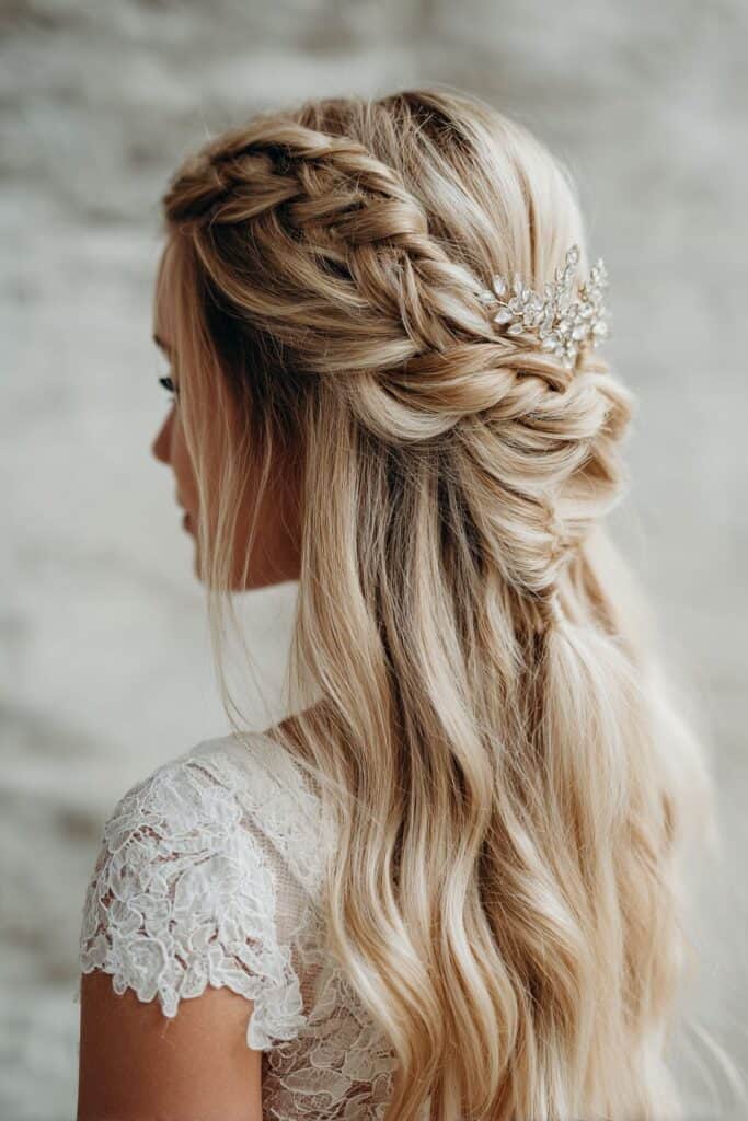 Elegant blonde bridal hairstyle with cascading waves and floral hair accessory.