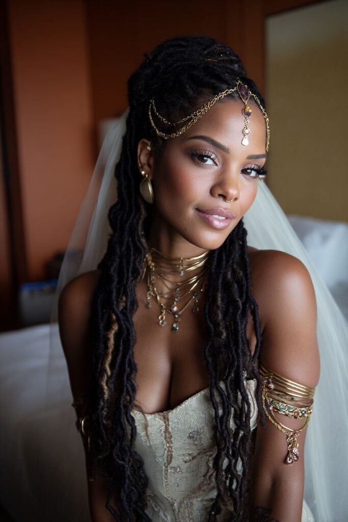 Elegant bride with gold jewelry and dreadlocks for wedding portrait.