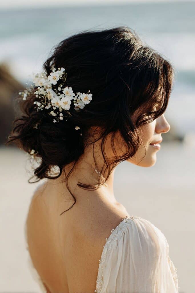 Delicate bridal hairstyle with white flowers on beach background, wedding hair inspiration.