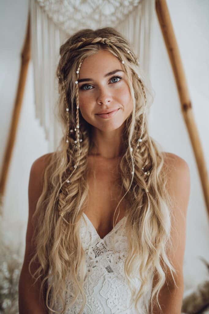 Flowy blonde hair with boho beads and braids, woman in white lace dress, bohemian style, natural makeup, indoor rustic background.