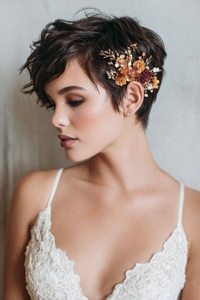 Natural short hairstyle with floral hair accessory for a stylish bridal look.
