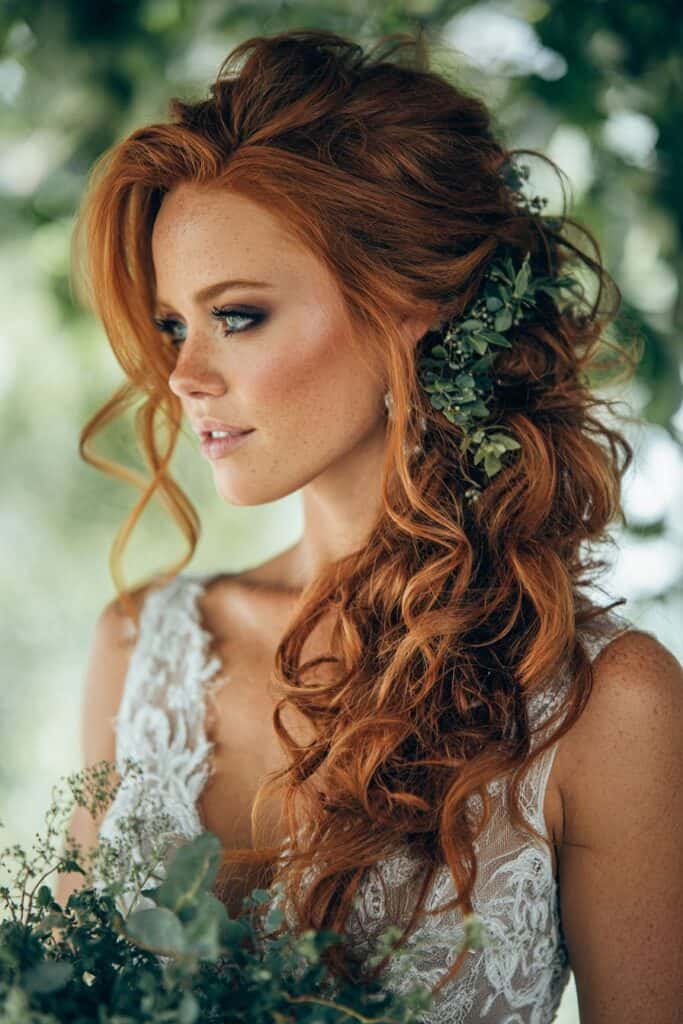 Romantic auburn curly hairstyle with greenery for wedding aesthetics.
