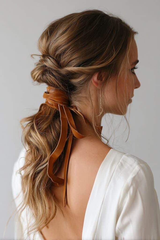 Elegant bridal hairstyle with caramel hair ribbons and loose curls.