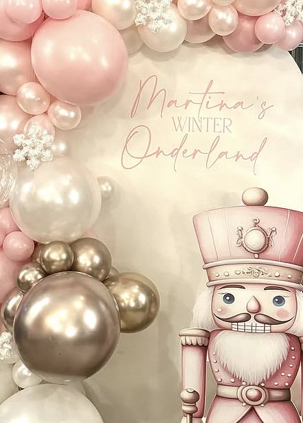 Festive balloon display with Nutcracker themed background for winter celebration.