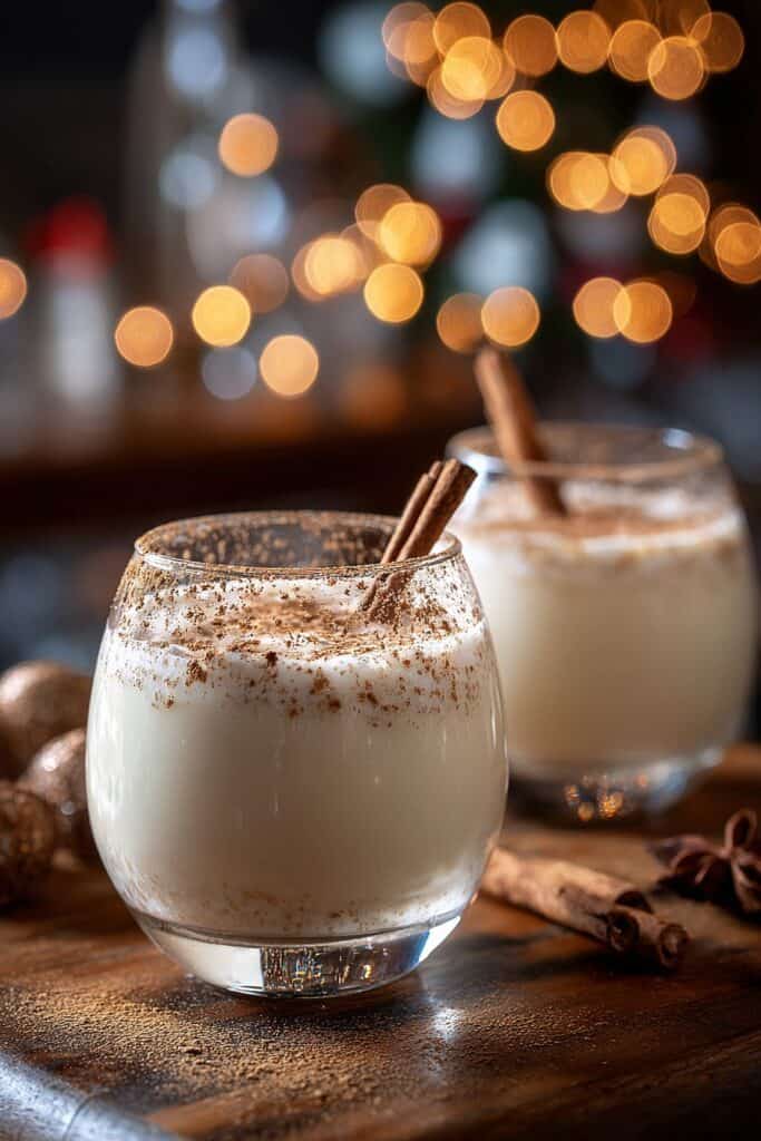Creamy holiday eggnog with cinnamon and chocolate sprinkles in a glass, festive background.
