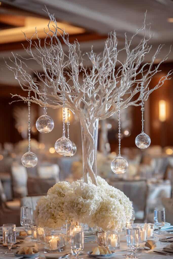 Elegant wedding centerpiece with white floral tree and hanging glass ornaments.