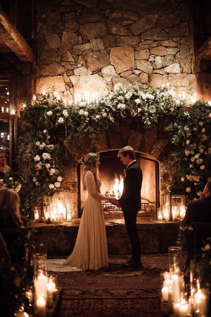 Romantic wedding ceremony by fireplace with floral garland and candles, cozy rustic wood interior.