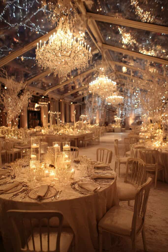 Elegant wedding reception with chandelier lighting and romantic candlelit table settings.