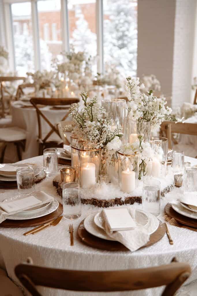 Elegant winter wedding table centerpiece with white flowers and candles.
