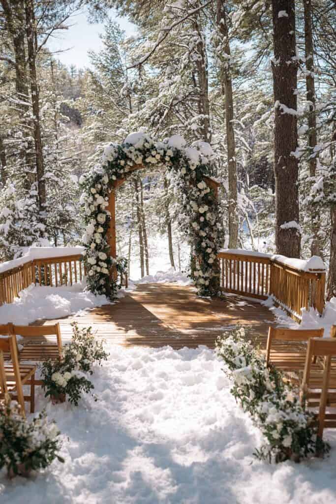 Snowy winter outdoor wedding arch decorated with white flowers and greenery in a forest.