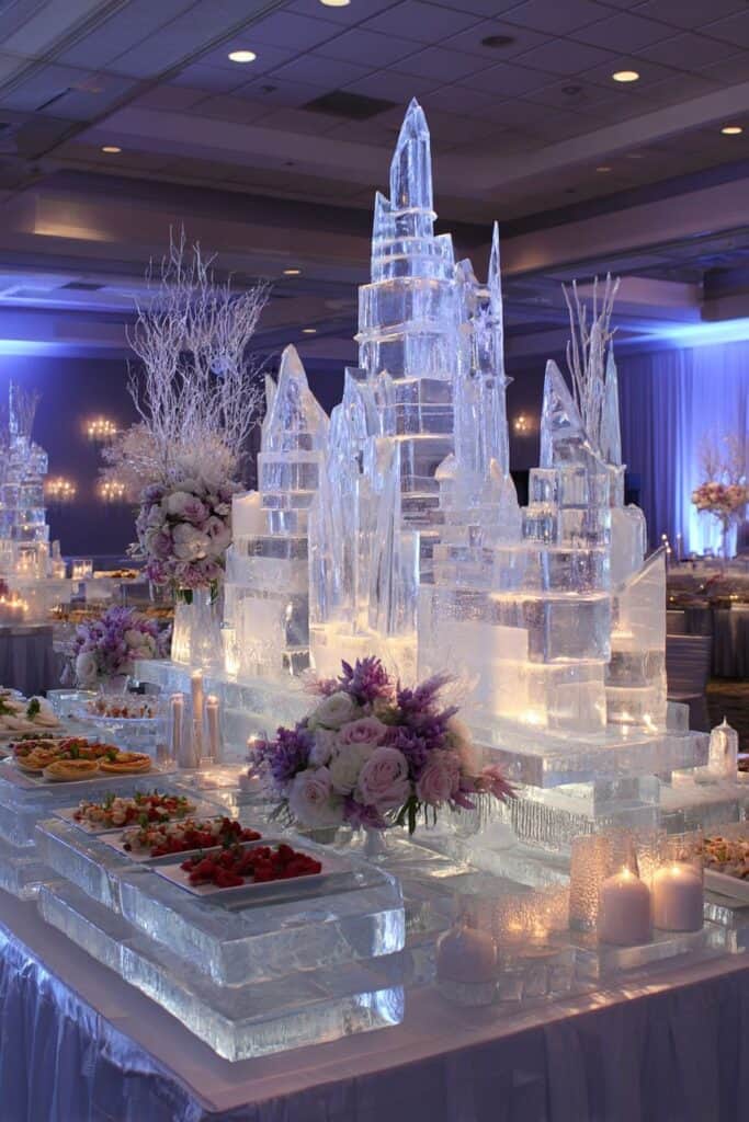 Ice sculpture centerpiece at wedding reception with floral arrangements and candles.