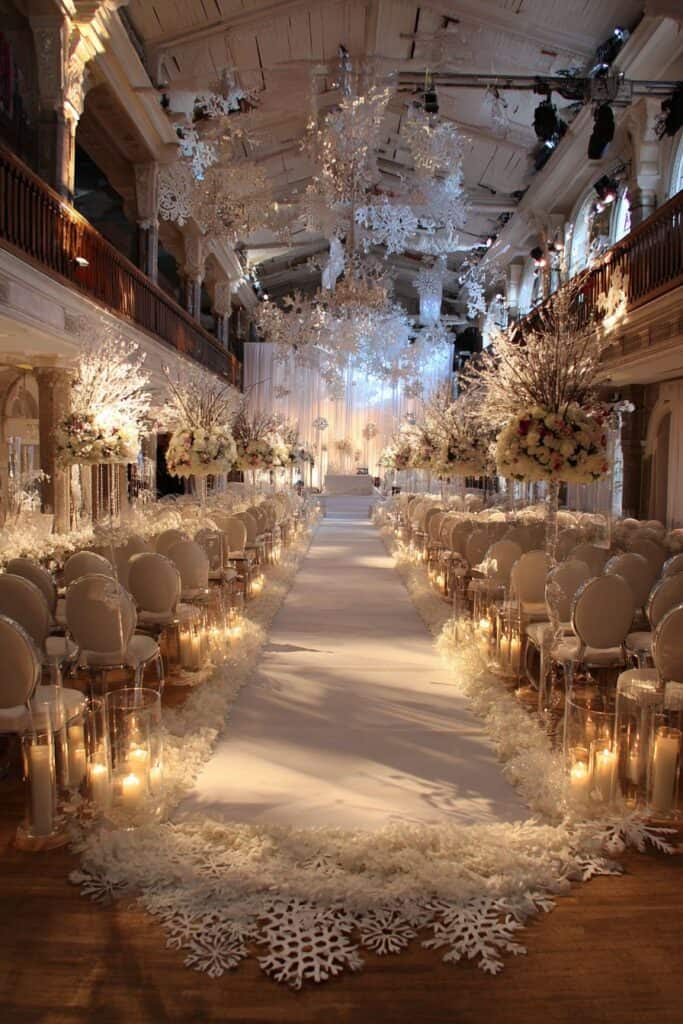 Elegant winter wedding ceremony with floral arrangements and candlelit decor.