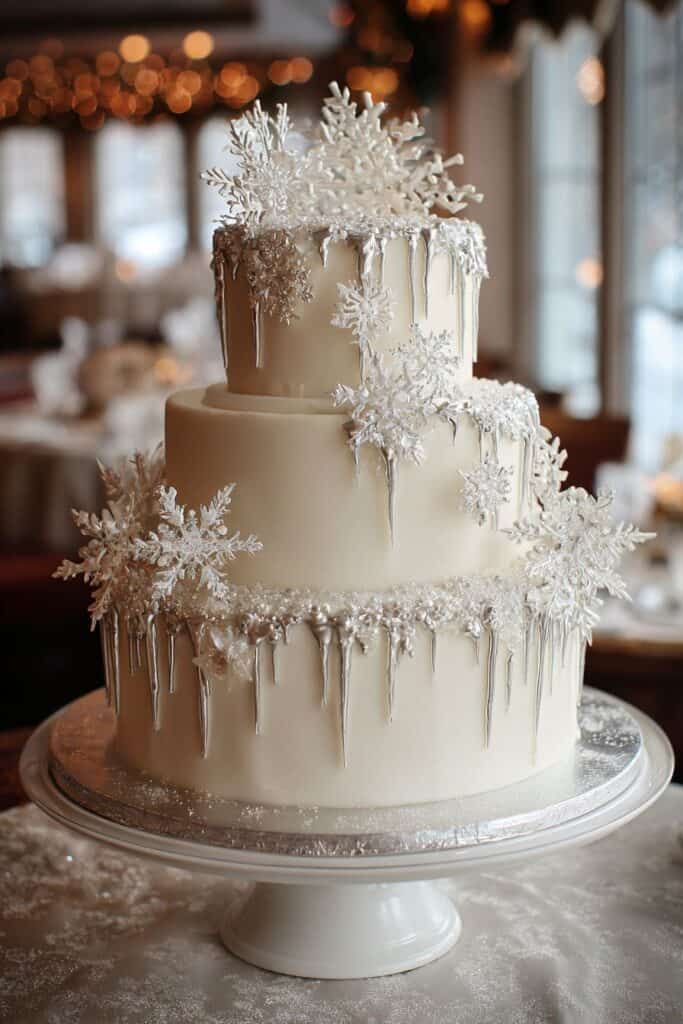 Elegant winter-themed wedding cake with snowflake decorations on a cake stand.