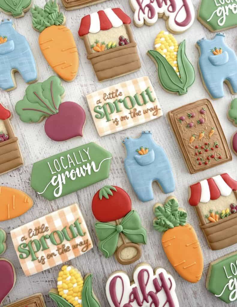 Colorful vegetable and garden-themed decorated cookies for spring and summer.