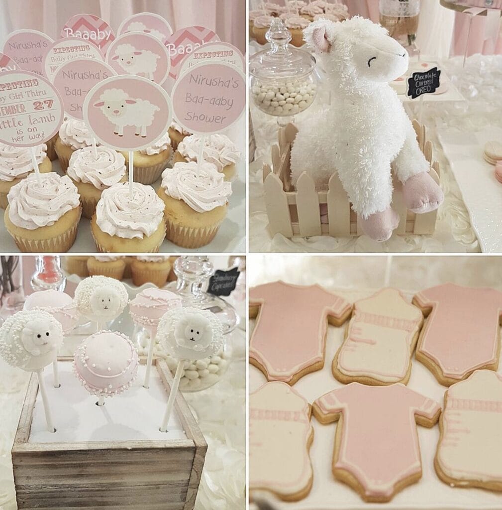 Soft pink and white baby shower desserts with lamb theme, cookies, cupcakes, and decor.