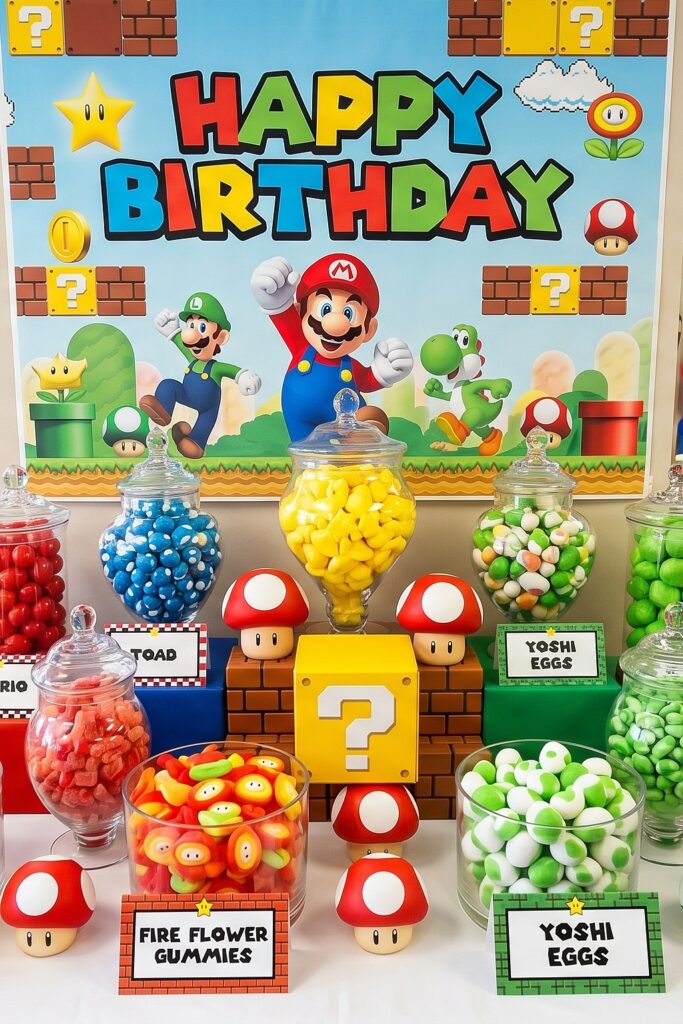 Super Mario themed birthday party with colorful decorations and candy jars.